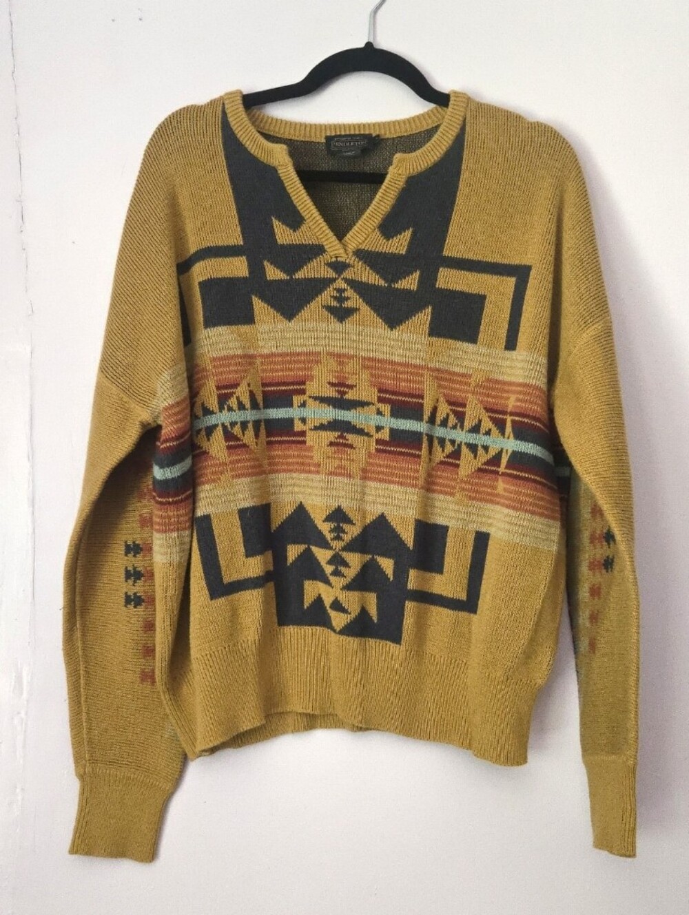 Vintage Pendleton LRG Mustard Aztec V-Neck Sweater with Multicolor Stripes - Picture 1 of 3